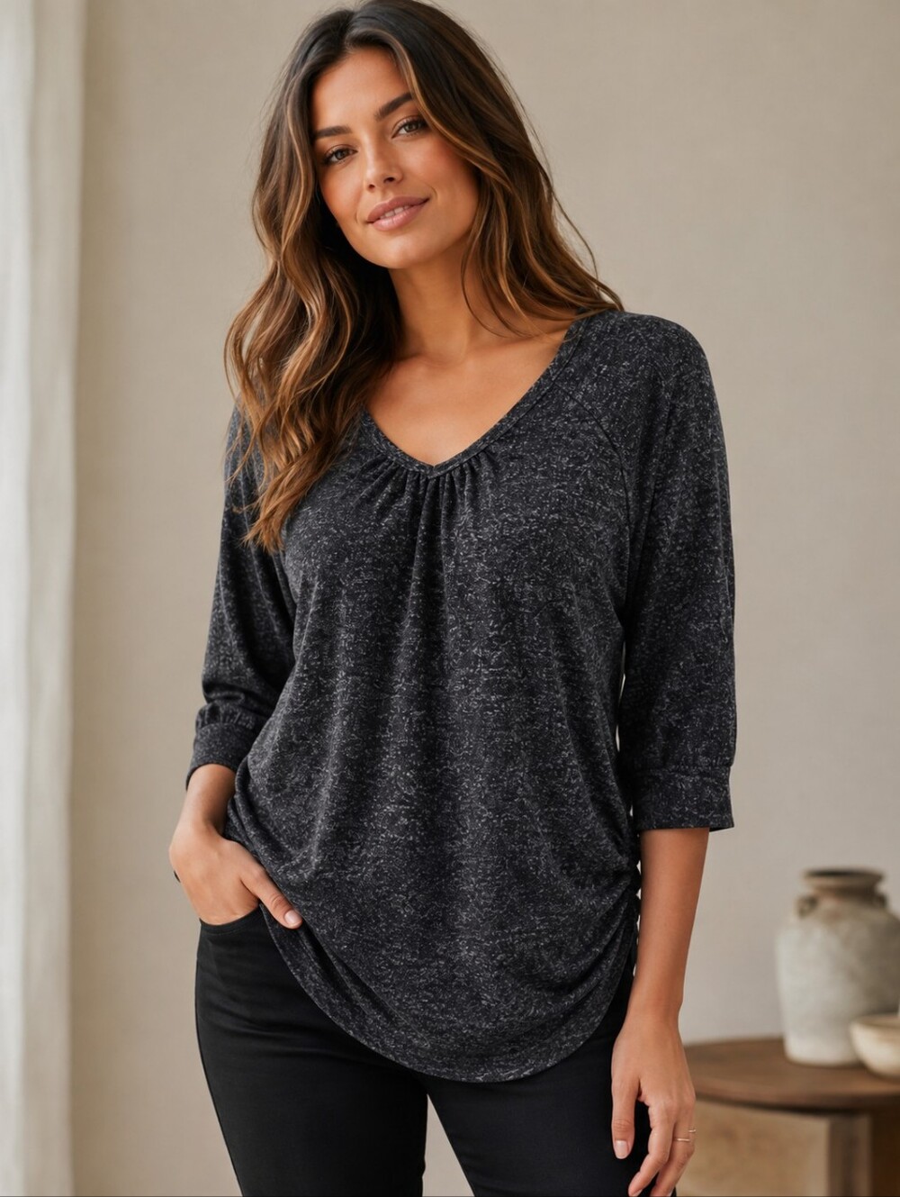 💙 Lena Heathered Charcoal Black V-Neck 3/4 Sleeve Tunic